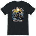 Black Motorcycle Road Lifestyle Moonlight motorcycle t-shirt - blue vintage motorcycle under the moon in a dark pine forest, gift for a biker