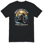 Black Motorcycle Road Lifestyle Moonlight motorcycle t-shirt - blue vintage motorcycle under the moon in a dark pine forest, gift for a biker