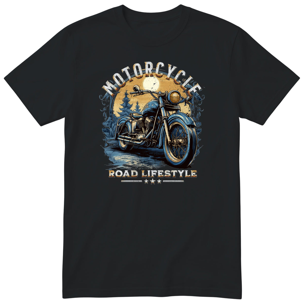 Black Motorcycle Road Lifestyle Moonlight motorcycle t-shirt - blue vintage motorcycle under the moon in a dark pine forest, gift for a biker