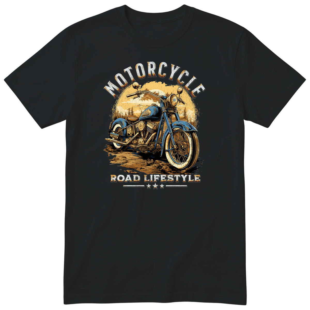 Black Motorcycle Road Lifestyle Sunset motorcycle t-shirt - vintage motorcycle on a forest dirt road at golden sunset, gift for a biker