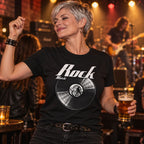 Rock Music Vinyl Records t-shirt in black - woman with a pint dancing at a rock gig, a guitarist on stage behind her, gift for rock fans