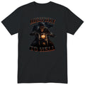 Black Highway To Hell Skeleton Biker motorcycle t-shirt - skeleton biker in a leather jacket on a chopper with a glowing headlight, Dark Blue colour version, gift for a biker
