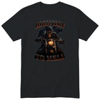 Black Highway To Hell Skeleton Biker motorcycle t-shirt - skeleton biker in a leather jacket on a chopper with a glowing headlight, Dark Blue colour version, gift for a biker
