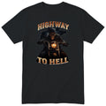 Black Highway To Hell Skeleton Biker motorcycle t-shirt - skeleton biker in a leather jacket on a chopper with a glowing headlight, Dark Gold colour version, gift for a biker