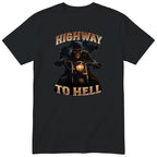 Black Highway To Hell Skeleton Biker motorcycle t-shirt - skeleton biker in a leather jacket on a chopper with a glowing headlight, Dark Gold colour version, gift for a biker