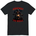 Black Highway To Hell Skeleton Biker motorcycle t-shirt - skeleton biker in a leather jacket on a chopper with a glowing headlight, Dark Red colour version, gift for a biker