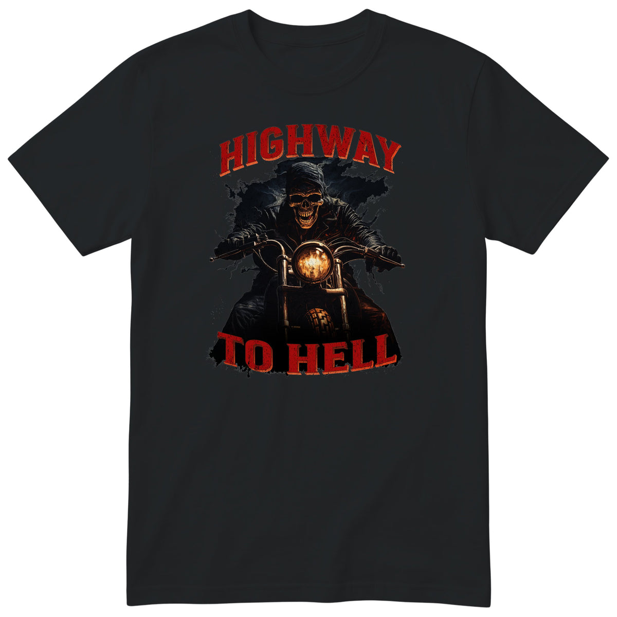 Black Highway To Hell Skeleton Biker motorcycle t-shirt - skeleton biker in a leather jacket on a chopper with a glowing headlight, Dark Red colour version, gift for a biker