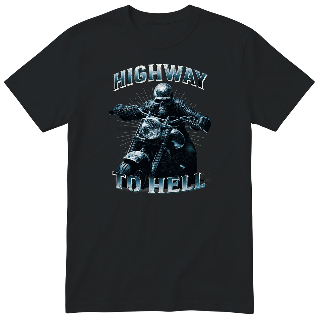 Black Highway To Hell Skeleton Biker motorcycle t-shirt - skeleton biker in a leather jacket on a chopper with a glowing headlight, Gradient Blue colour version, gift for a biker