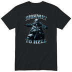 Black Highway To Hell Skeleton Biker motorcycle t-shirt - skeleton biker in a leather jacket on a chopper with a glowing headlight, Gradient Blue colour version, gift for a biker