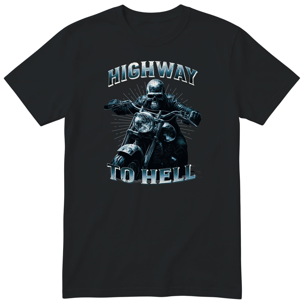 Black Highway To Hell Skeleton Biker motorcycle t-shirt - skeleton biker in a leather jacket on a chopper with a glowing headlight, Gradient Blue colour version, gift for a biker