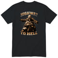 Black Highway To Hell Skeleton Biker motorcycle t-shirt - skeleton biker in a leather jacket on a chopper with a glowing headlight, Gradient Gold colour version, gift for a biker