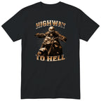 Black Highway To Hell Skeleton Biker motorcycle t-shirt - skeleton biker in a leather jacket on a chopper with a glowing headlight, Gradient Gold colour version, gift for a biker