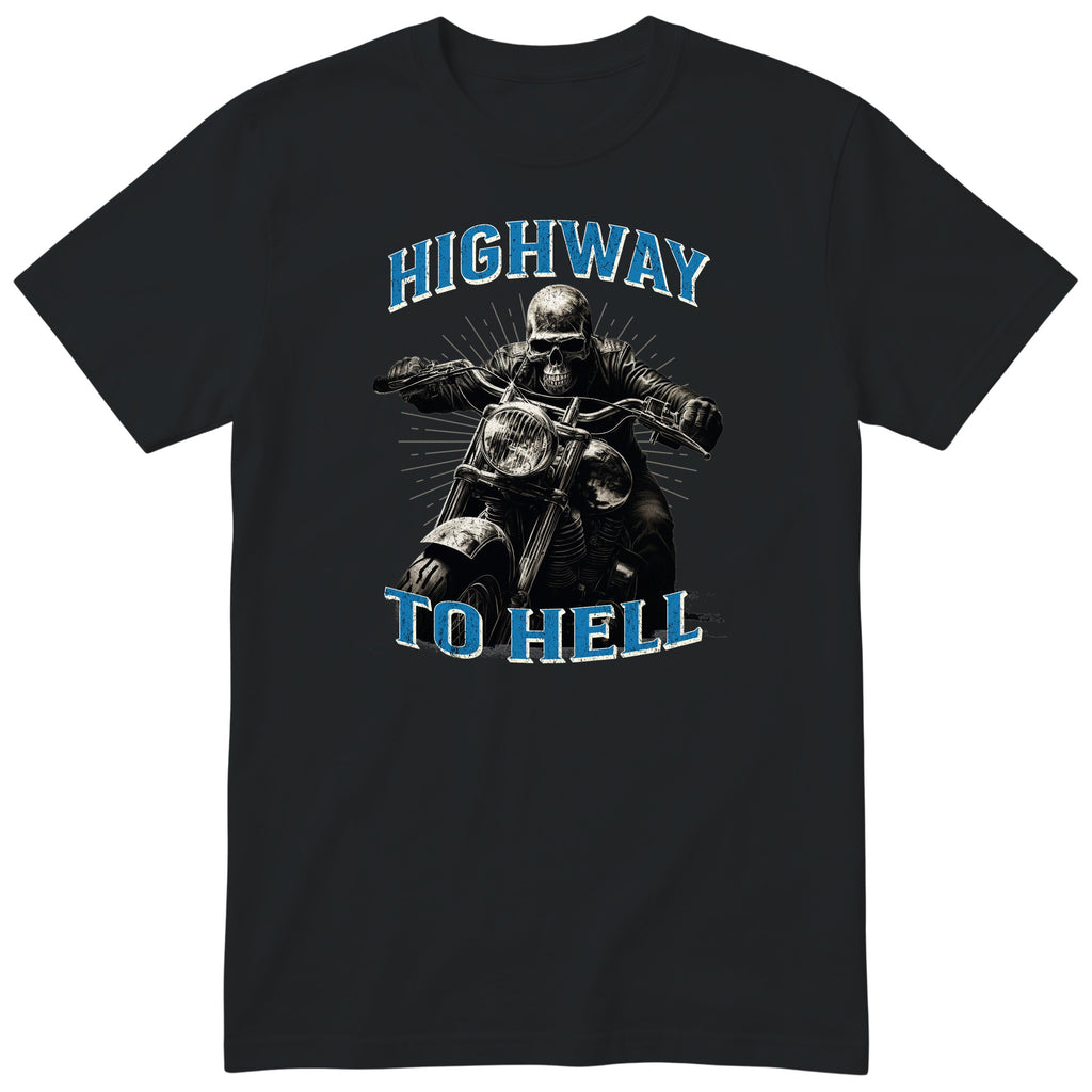 Black Highway To Hell Skeleton Biker motorcycle t-shirt - skeleton biker in a leather jacket on a chopper with a glowing headlight, Grey Blue colour version, gift for a biker