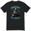 Black Highway To Hell Skeleton Biker motorcycle t-shirt - skeleton biker in a leather jacket on a chopper with a glowing headlight, Grey Blue colour version, gift for a biker