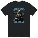 Black Highway To Hell Skeleton Biker motorcycle t-shirt - skeleton biker in a leather jacket on a chopper with a glowing headlight, Grey Blue colour version, gift for a biker