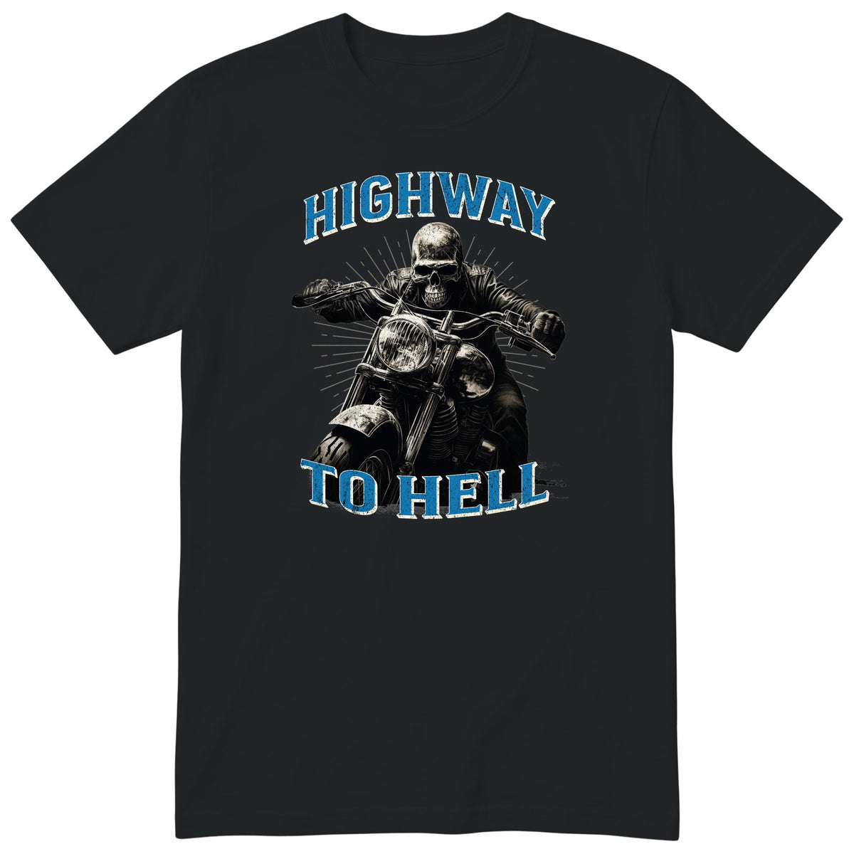 Black Highway To Hell Skeleton Biker motorcycle t-shirt - skeleton biker in a leather jacket on a chopper with a glowing headlight, Grey Blue colour version, gift for a biker