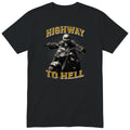Black Highway To Hell Skeleton Biker motorcycle t-shirt - skeleton biker in a leather jacket on a chopper with a glowing headlight, Grey Gold colour version, gift for a biker