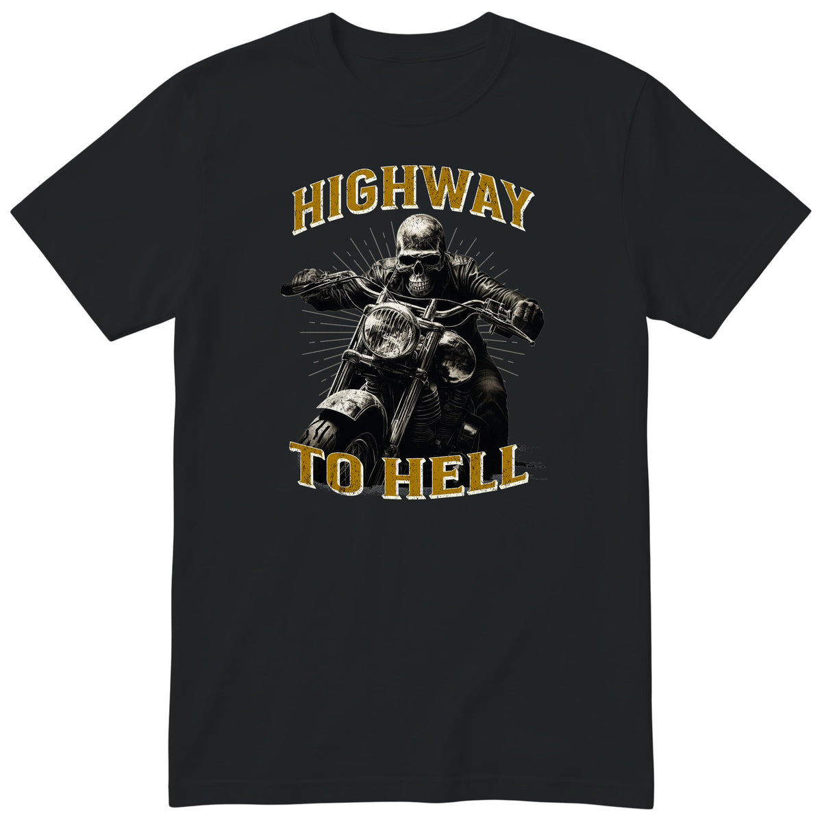 Black Highway To Hell Skeleton Biker motorcycle t-shirt - skeleton biker in a leather jacket on a chopper with a glowing headlight, Grey Gold colour version, gift for a biker