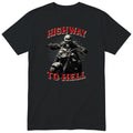 Black Highway To Hell Skeleton Biker motorcycle t-shirt - skeleton biker in a leather jacket on a chopper with a glowing headlight, Grey Red colour version, gift for a biker