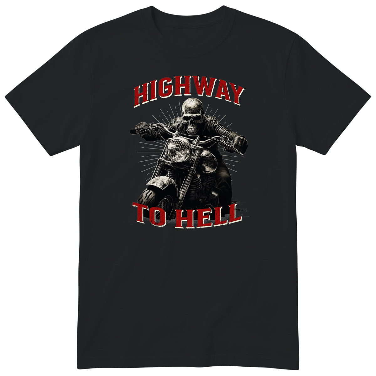 Black Highway To Hell Skeleton Biker motorcycle t-shirt - skeleton biker in a leather jacket on a chopper with a glowing headlight, Grey Red colour version, gift for a biker