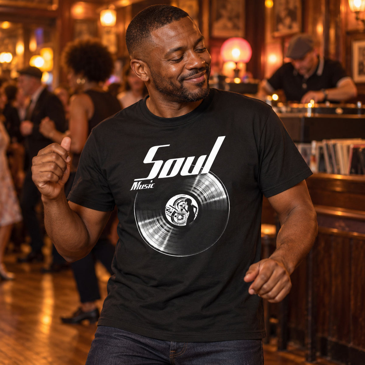 Soul Music Vinyl Records t-shirt in black - man dancing in a busy soul club, gift for soul fans