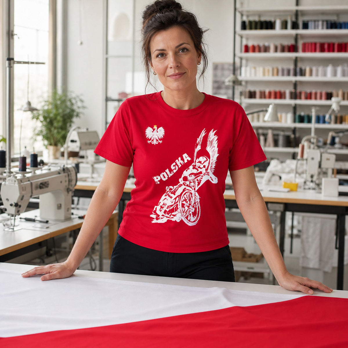 Speedway Polska Koszulka Reprezentacji - koszulka czerwona na zdjęciu lifestyle w pracowni flag