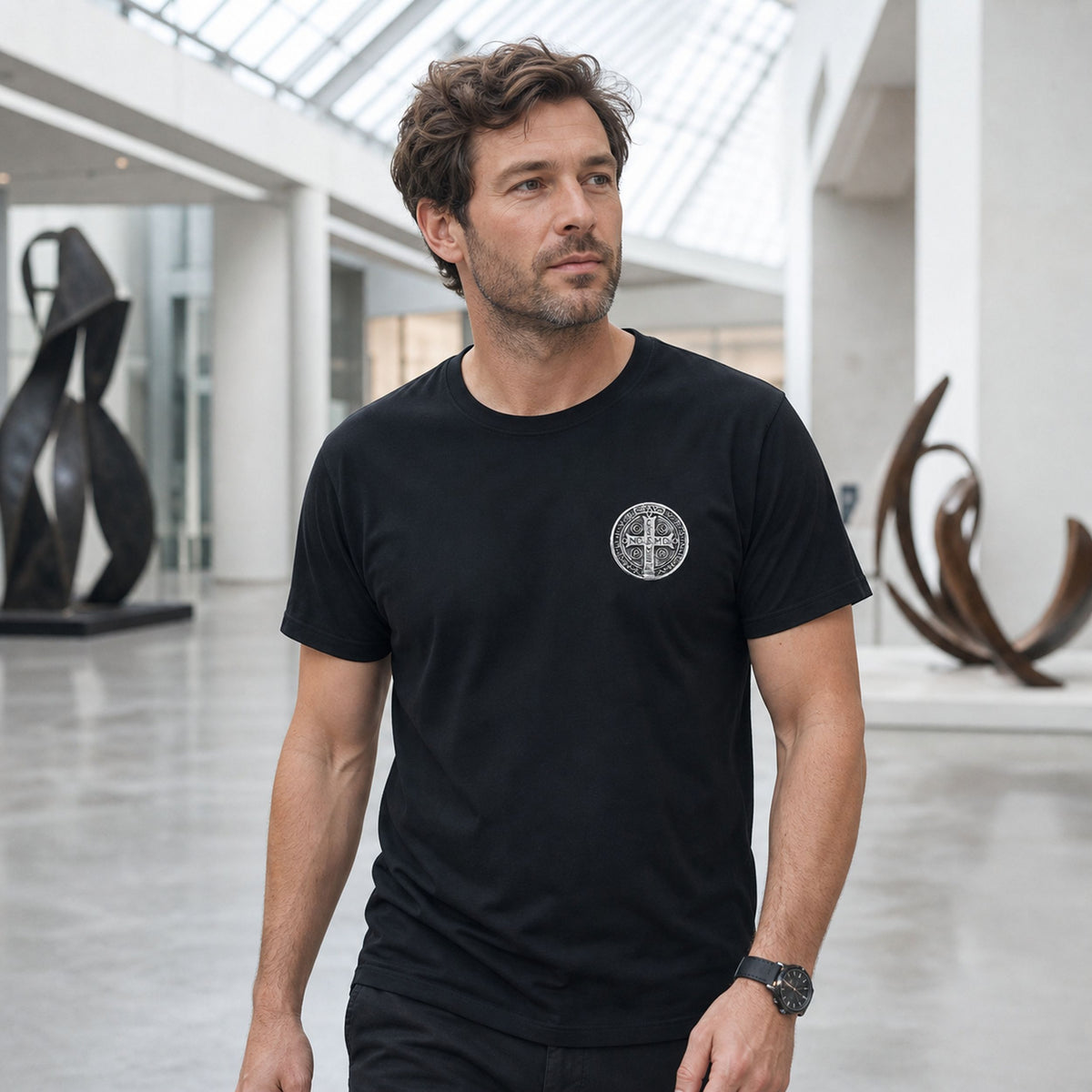 Saint Benedict Tee - Small Chest Medal Catholic Tee Everyday Faith