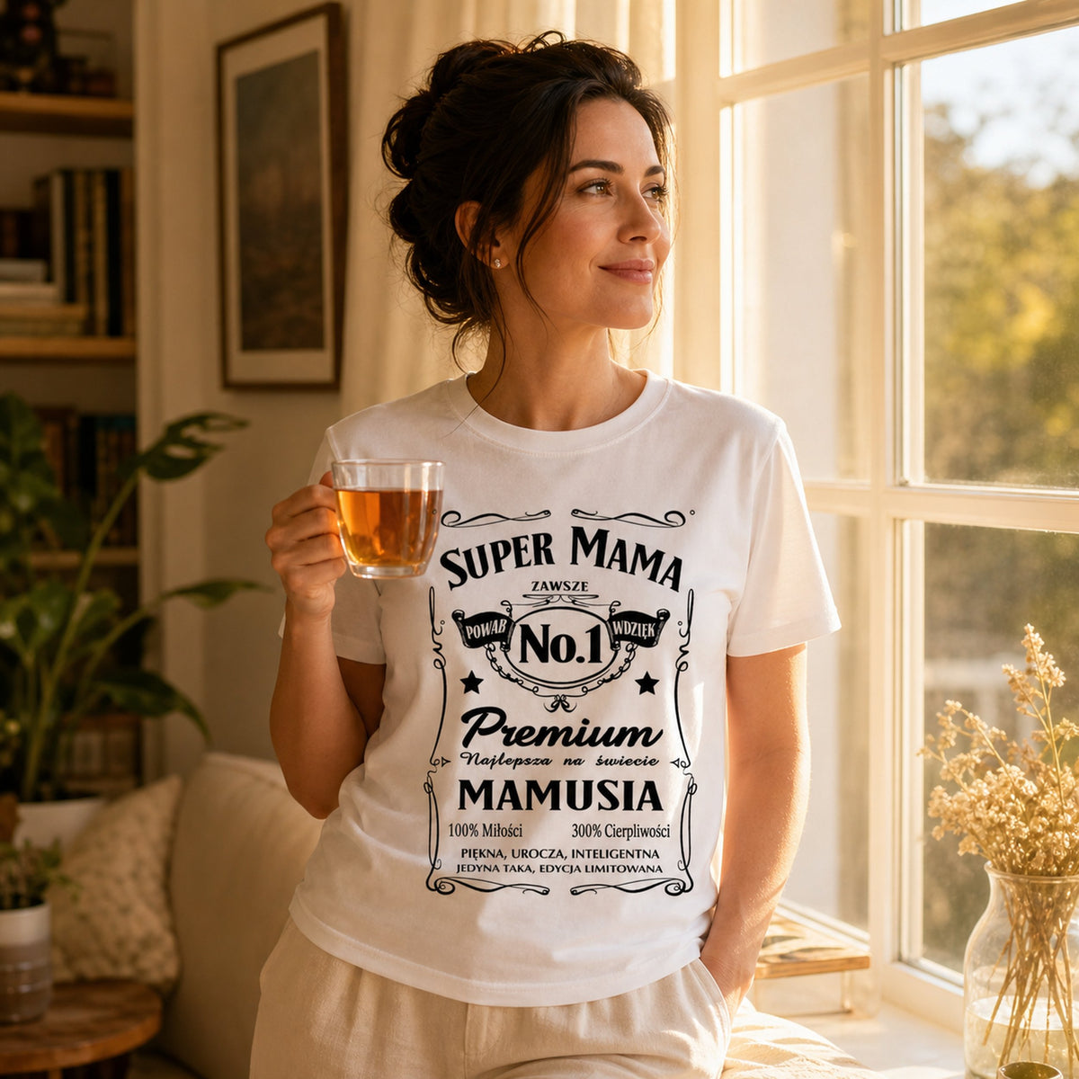 Koszulka Super Mama w kolorze białym - mama z herbatą przy oknie, prezent dla mamy