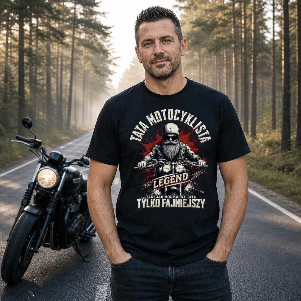 Koszulka Tata Motocyklista w kolorze czarnym - mężczyzna przy motocyklu na leśnej drodze, prezent na Dzień Ojca