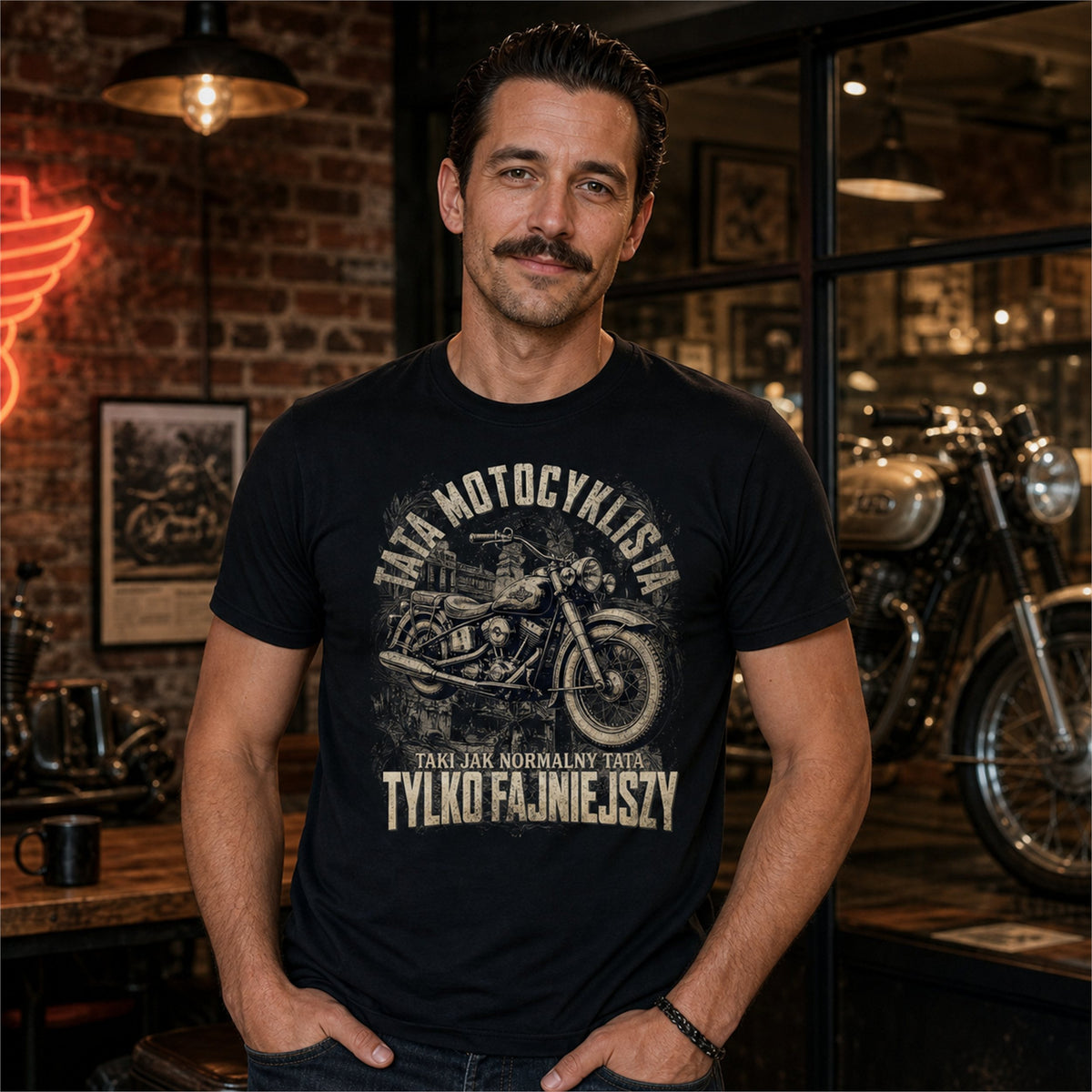 Koszulka Tata Motocyklista Vintage w kolorze czarnym - mężczyzna z wąsem w klubie motocyklowym, prezent dla taty