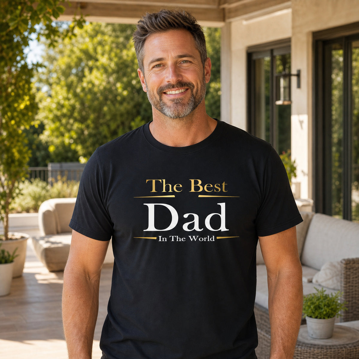 The Best Dad in the World Exclusive t-shirt in black - man on a stylish patio, gift for dad
