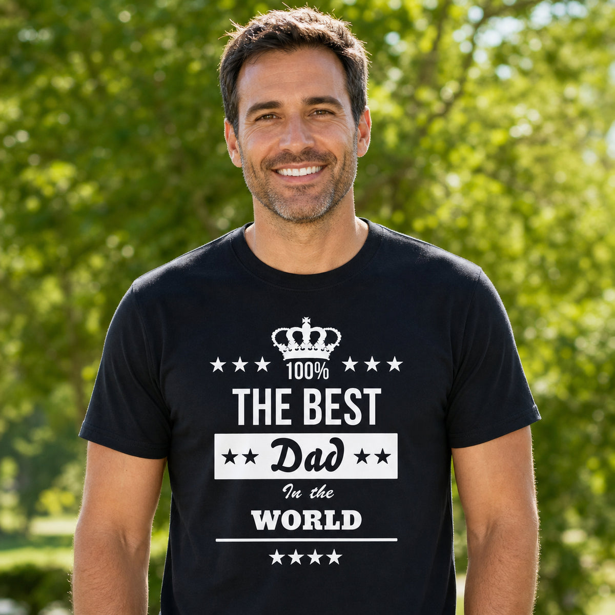 The Best Dad in the World t-shirt in black - smiling man in a sunny garden, gift for dad