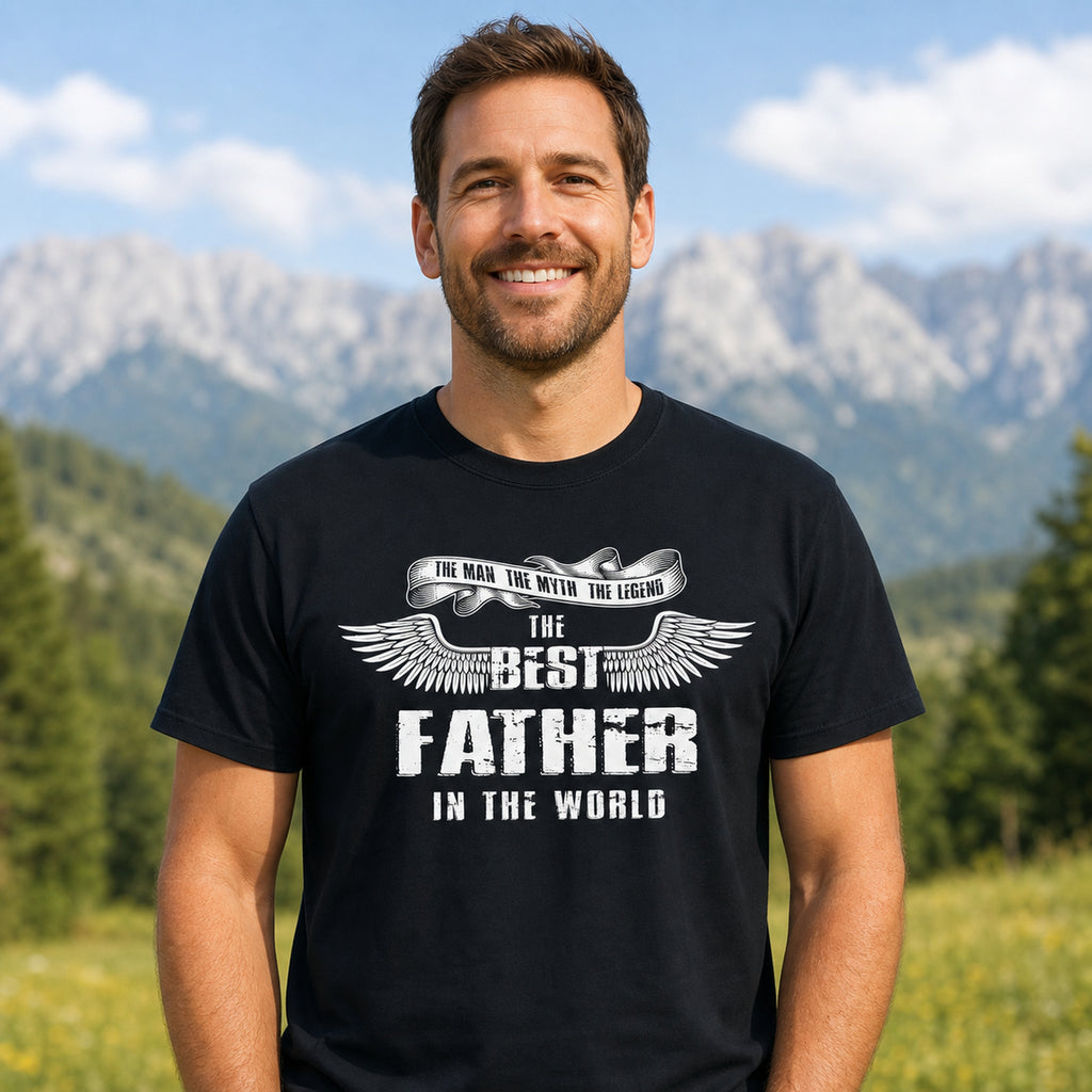 The Best Father in the World wings t-shirt in black - smiling man in the mountains, gift for dad