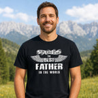 The Best Father in the World wings t-shirt in black - smiling man in the mountains, gift for dad