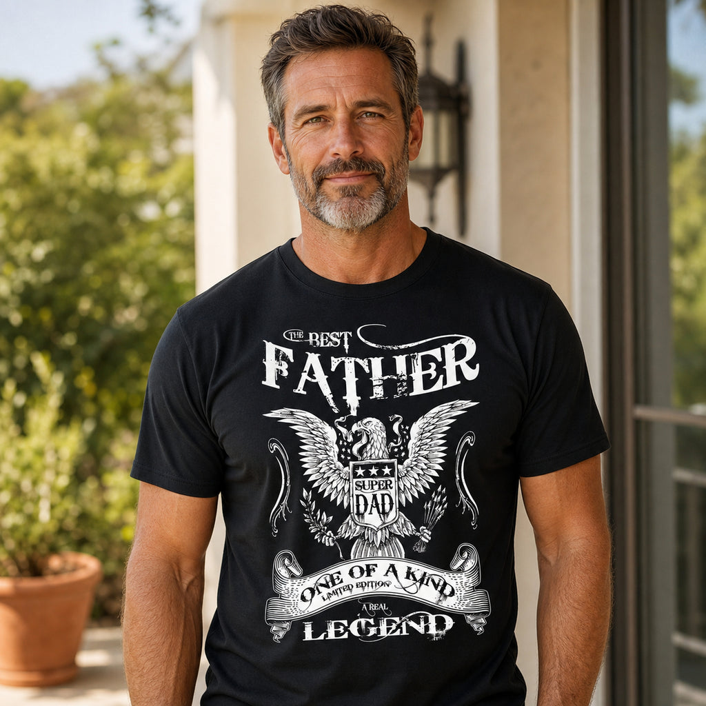The Best Father Super Dad eagle t-shirt in black - smiling man on the porch, gift for dad