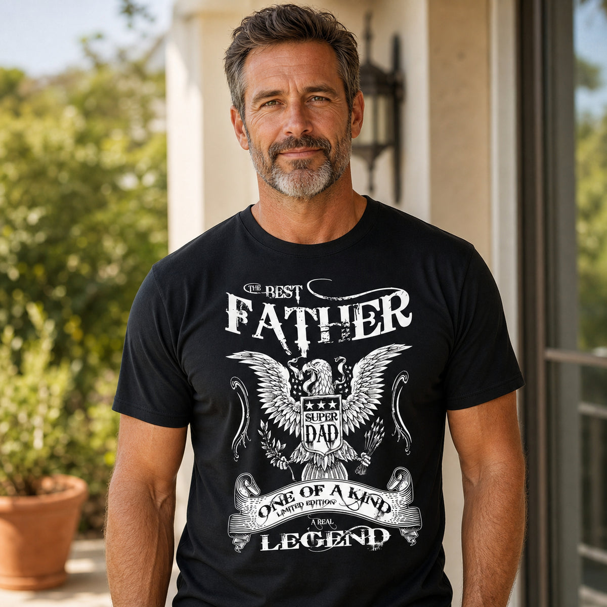 The Best Father Super Dad eagle t-shirt in black - smiling man on the porch, gift for dad