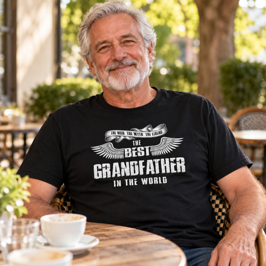 The Best Grandfather In The World wings T-shirt in black - smiling grandfather at a café table with a cup of coffee, milestone birthday gift for grandfather