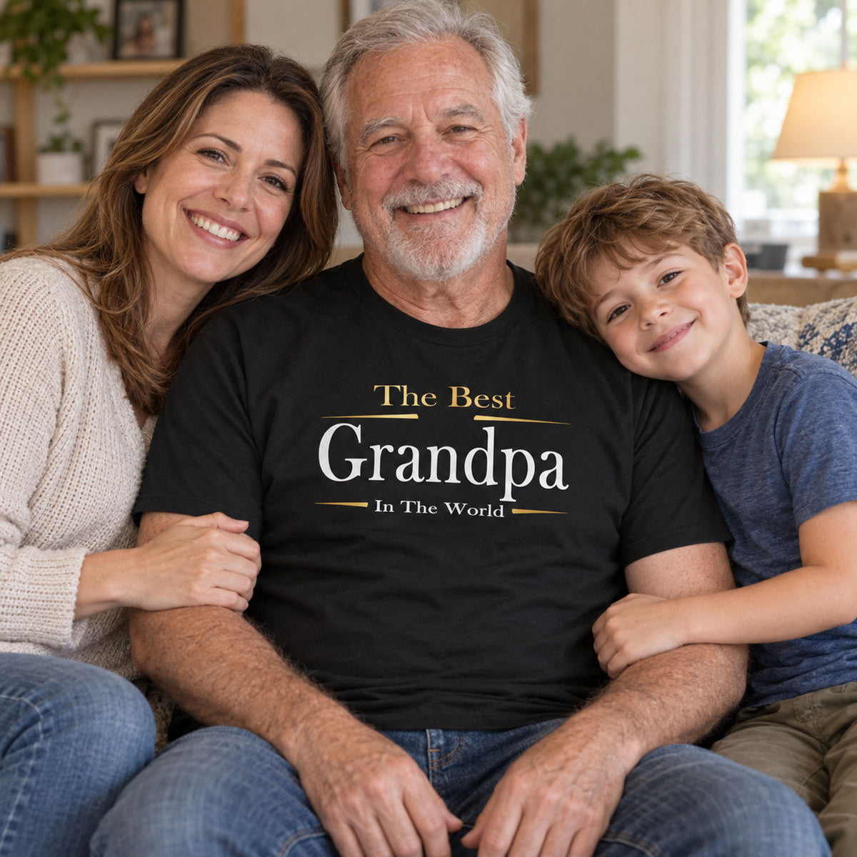 Grandpa in a black The Best Grandpa In The World Exclusive t-shirt with gold lettering on the sofa with his daughter and grandson