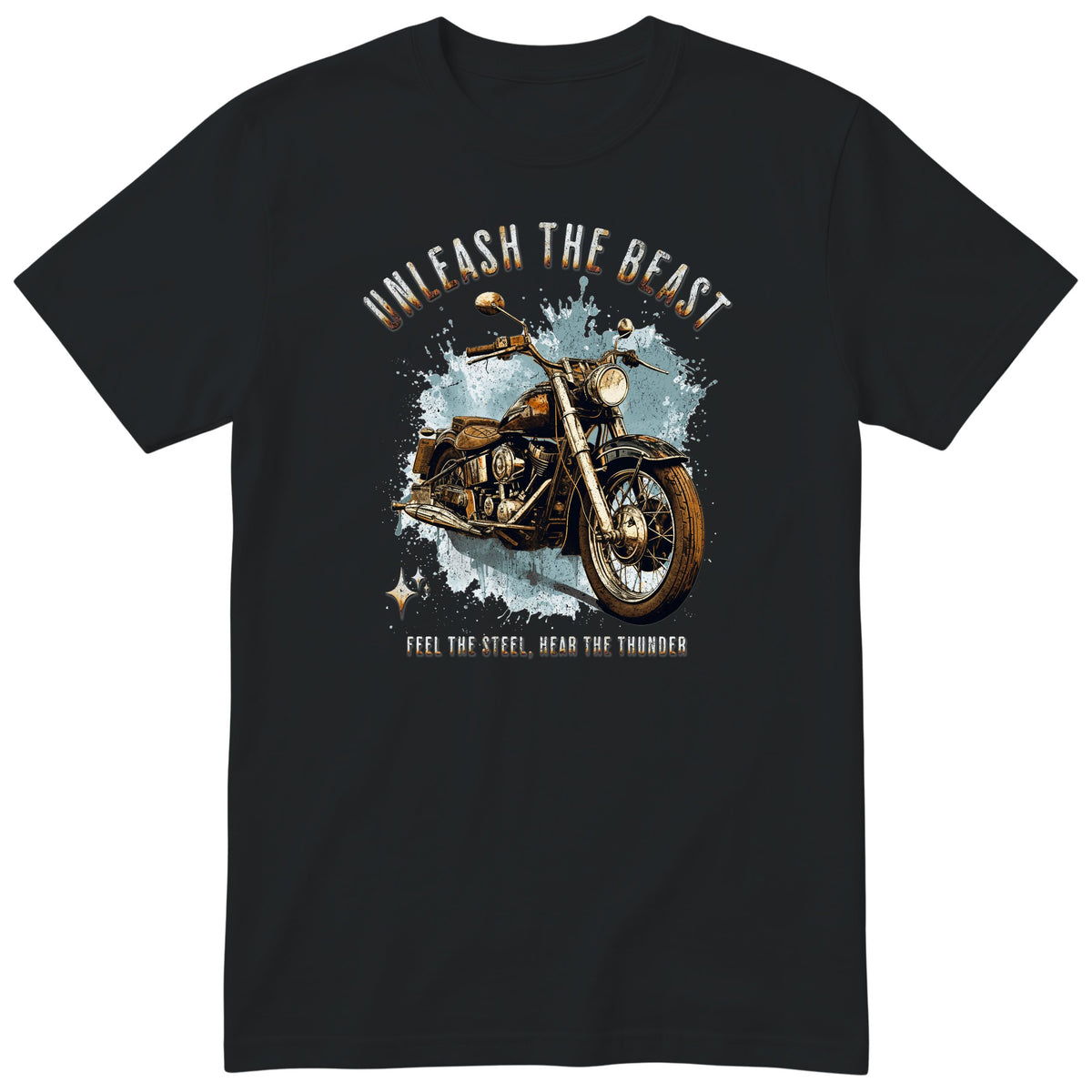 Black Unleash the Beast motorcycle t-shirt - heavy vintage motorcycle on an ice-blue splash with sparkles, gift for a biker