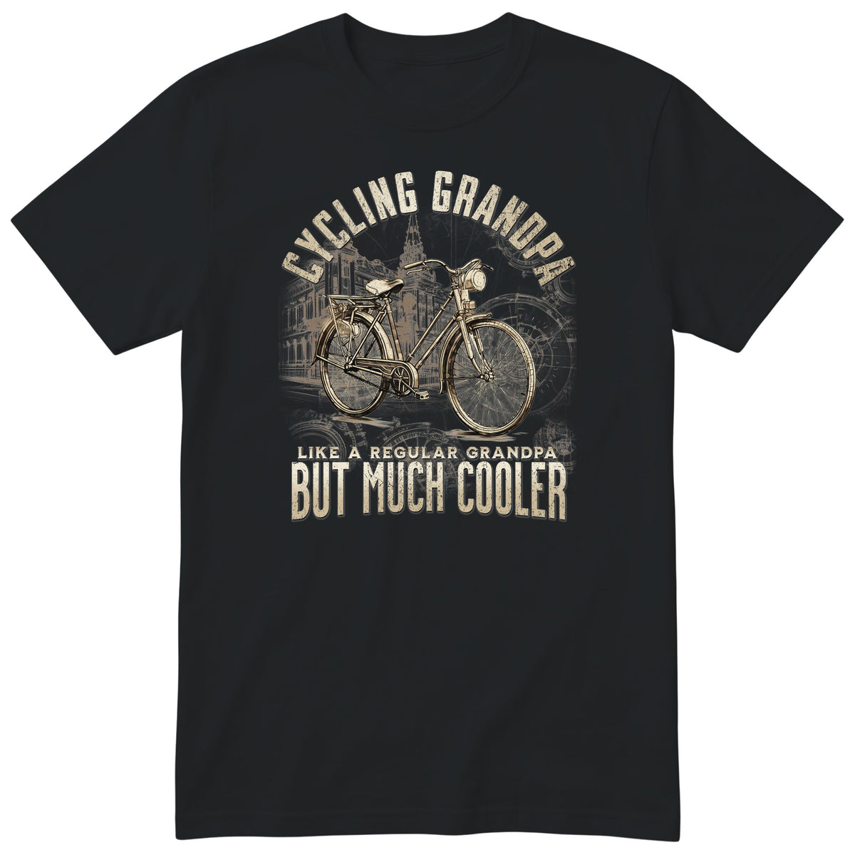 Black Vintage Bike Cycling Grandpa Shirt t-shirt - old town bike with a front lamp and a rear rack, warm sepia tones, gift for grandpa