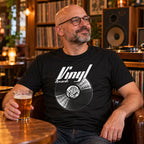 Vinyl Records t-shirt in black - man with a pint of beer in a bar lined with records and speakers, gift for vinyl lovers