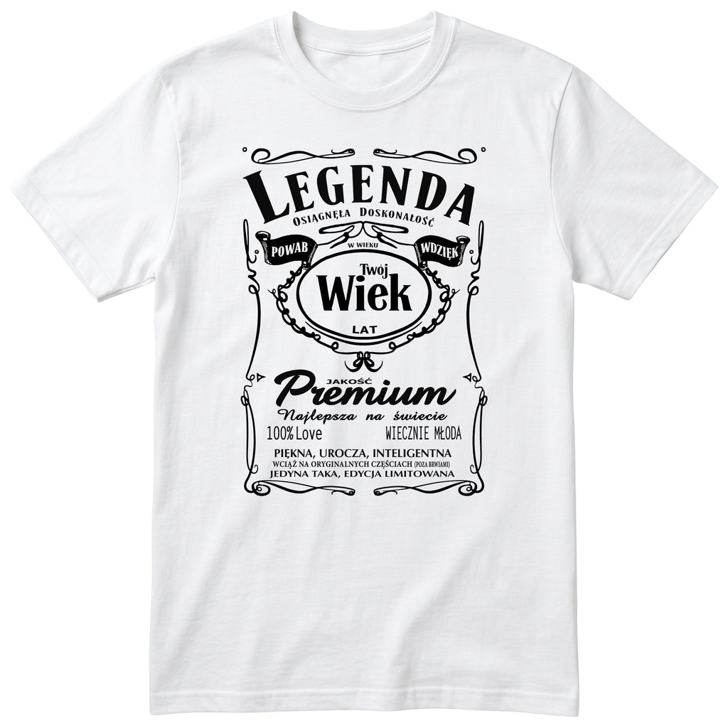 Biała personalizowana koszulka „Legenda Powab Wdzięk" z Twoim wiekiem - polski nadruk retro, prezent urodzinowy dla niej