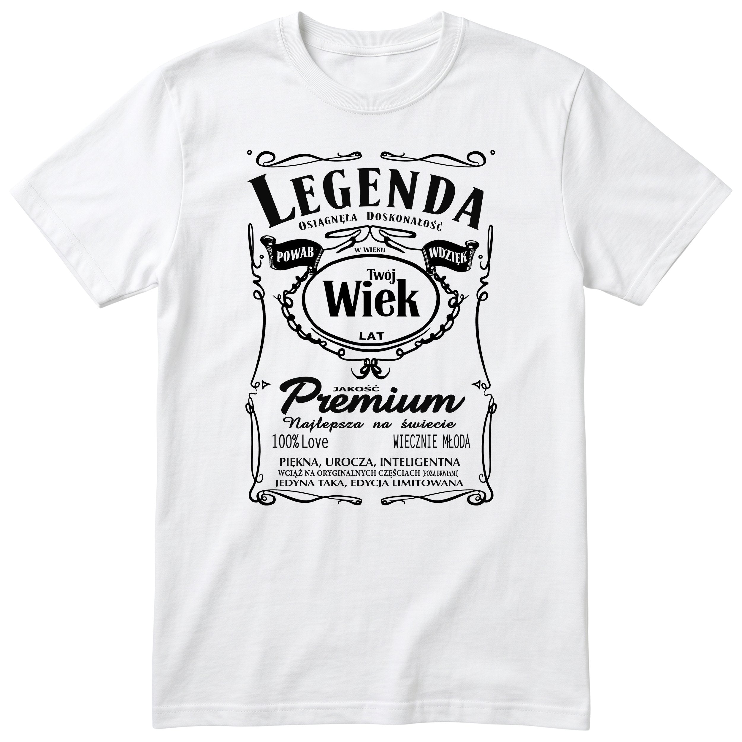 Biała personalizowana koszulka „Legenda Powab Wdzięk" z Twoim wiekiem - polski nadruk retro, prezent urodzinowy dla niej