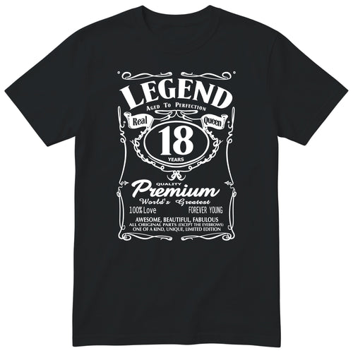 Legend Real Queen 18th birthday t-shirt for women on black Gildan 64000 vintage label