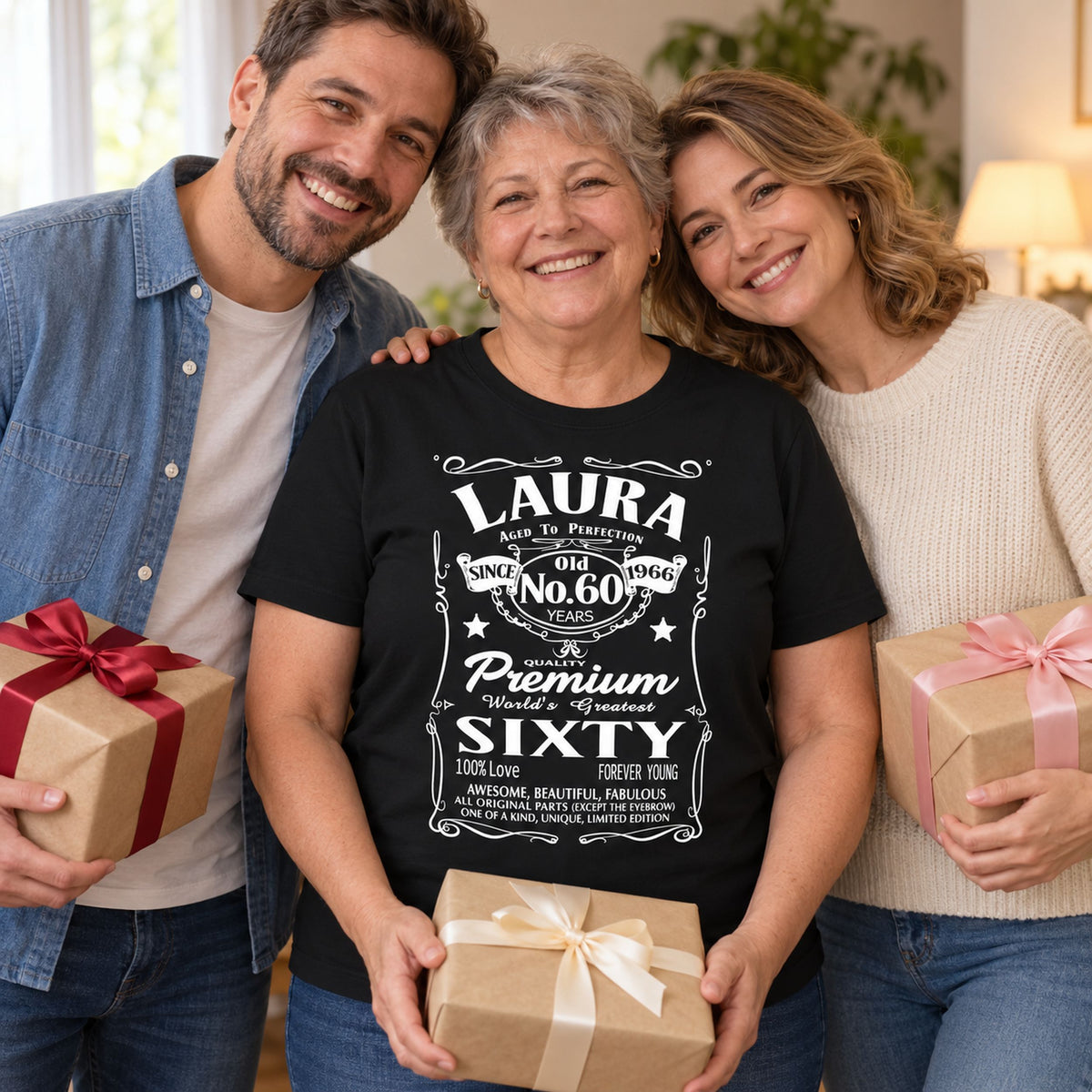 Real example: Laura in a black T-shirt printed with her name, 60 years and year 1966 - personalised birthday shirt