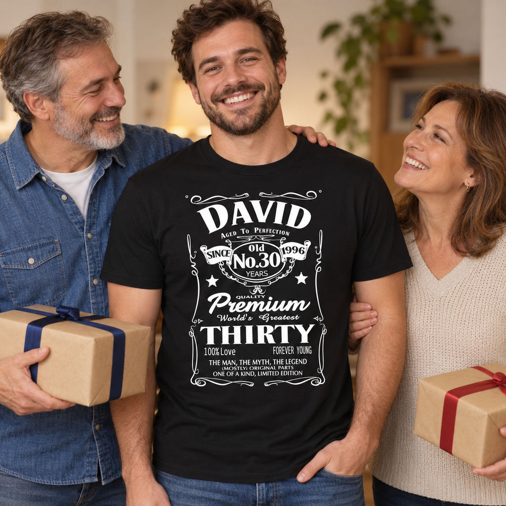Real example: David in a black T-shirt printed with his name, 30 years and year 1996 - personalised birthday shirt