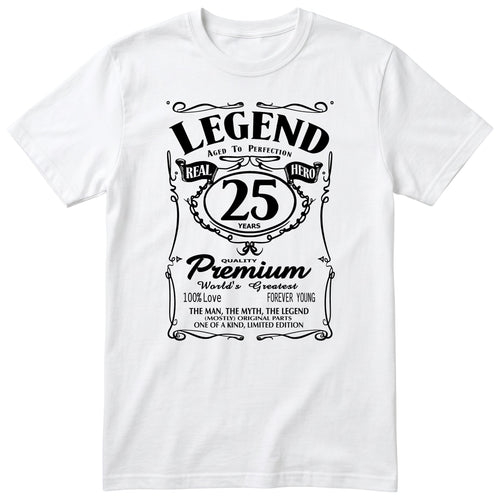 Legend 25th Birthday T-Shirt - Retro Label Gift for Him - White