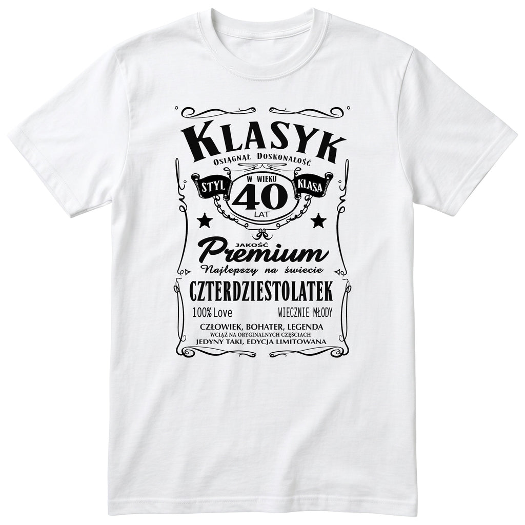 Śmieszna polska koszulka urodzinowa na 40 lat dla mężczyzny - vintage label design Klasyk Człowiek Bohater Legenda