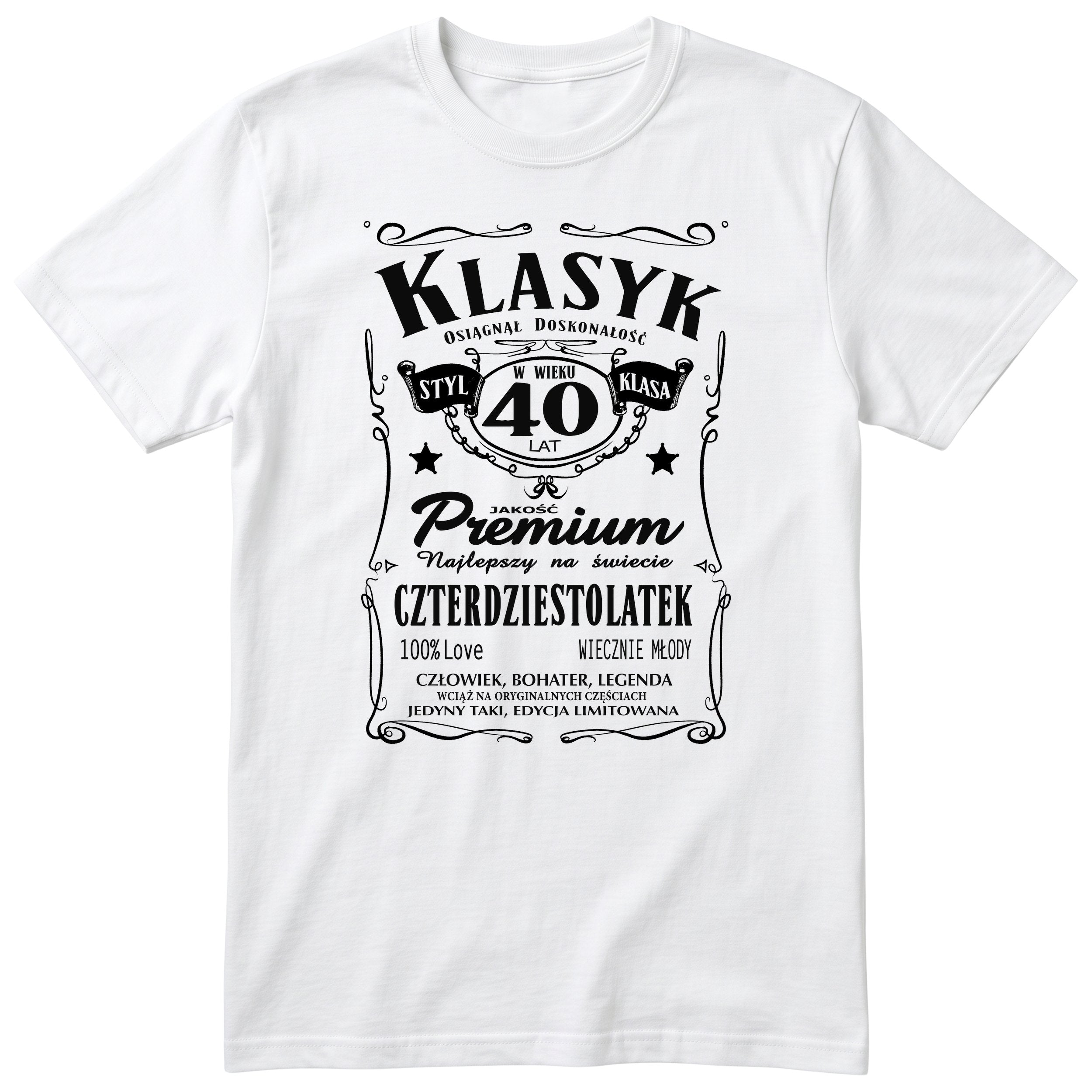 Śmieszna polska koszulka urodzinowa na 40 lat dla mężczyzny - vintage label design Klasyk Człowiek Bohater Legenda
