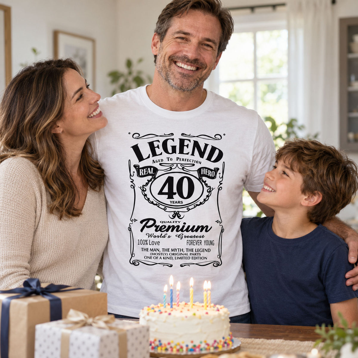 Legend 40 Years Real Hero t-shirt in white - man with family and a birthday cake, 40th birthday gift
